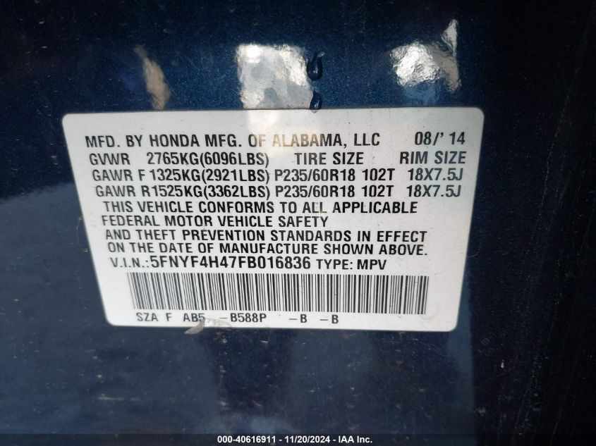 VIN 5FNYF4H47FB016836 2015 Honda Pilot, EX no.9