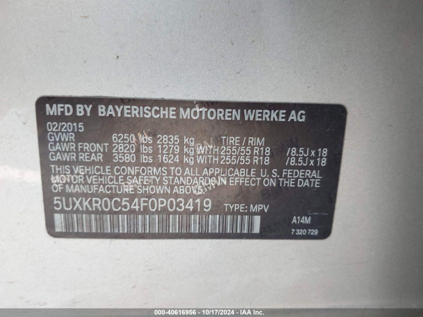 2015 BMW X5 xDrive35I VIN: 5UXKR0C54F0P03419 Lot: 40616956