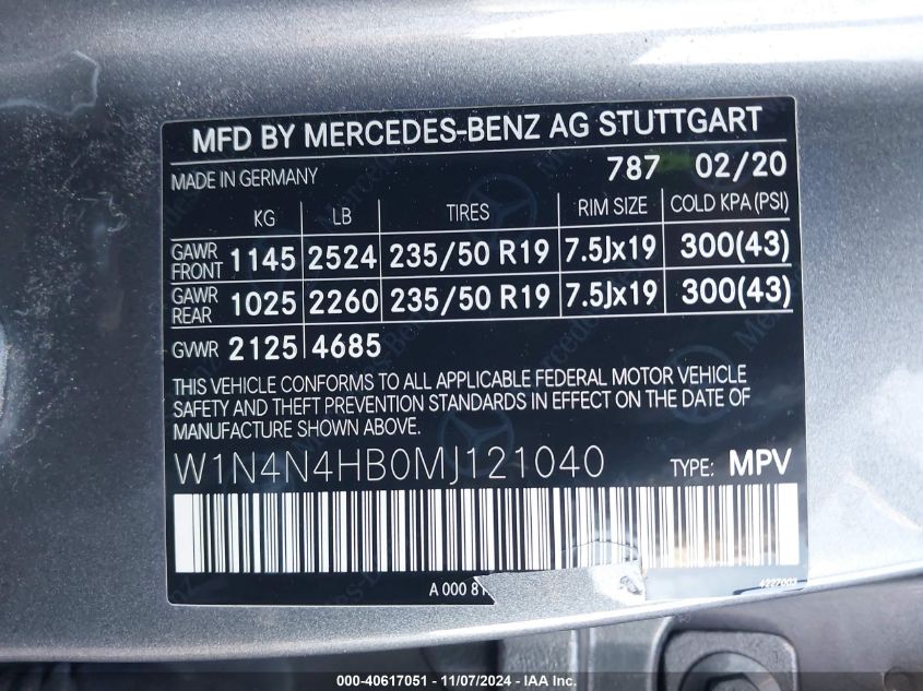 2021 Mercedes-Benz Gla 250 4Matic VIN: W1N4N4HB0MJ121040 Lot: 40617051