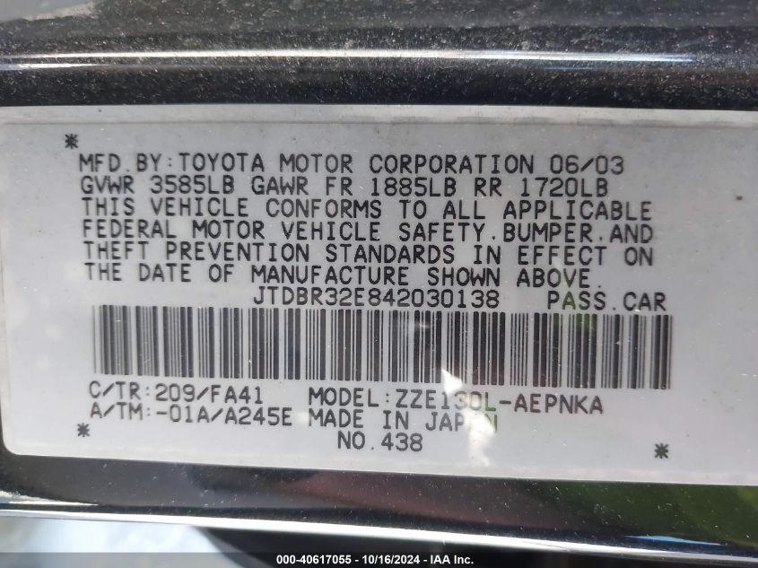 2004 Toyota Corolla Le VIN: JTDBR32E842030138 Lot: 40617055