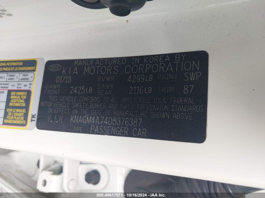 2013 Kia Optima Lx VIN: 5XXGM4A76EG331080 Lot: 40617071