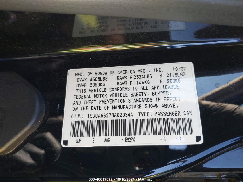 2008 Acura Tl 3.2 VIN: 19UUA66278A020344 Lot: 40617072