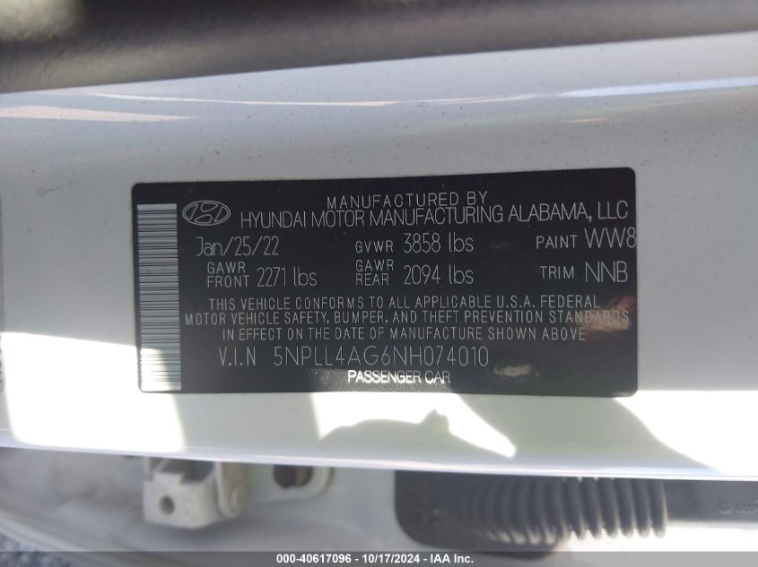 2022 Hyundai Elantra Se VIN: 5NPLL4AG6NH074010 Lot: 40617096