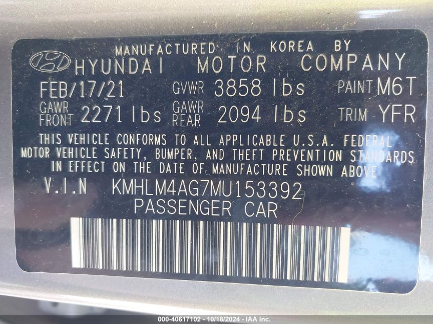 2021 Hyundai Elantra Sel VIN: KMHLM4AG7MU153392 Lot: 40617102