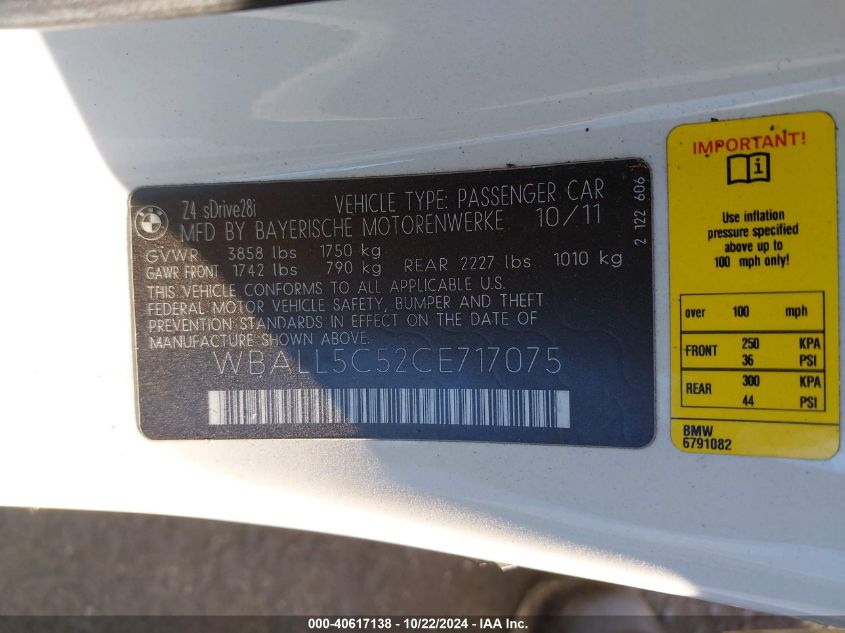 2012 BMW Z4 Sdrive28I VIN: WBALL5C52CE717075 Lot: 40617138