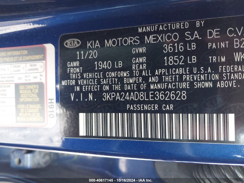 2020 Kia Rio S VIN: 3KPA24AD8LE362628 Lot: 40617145