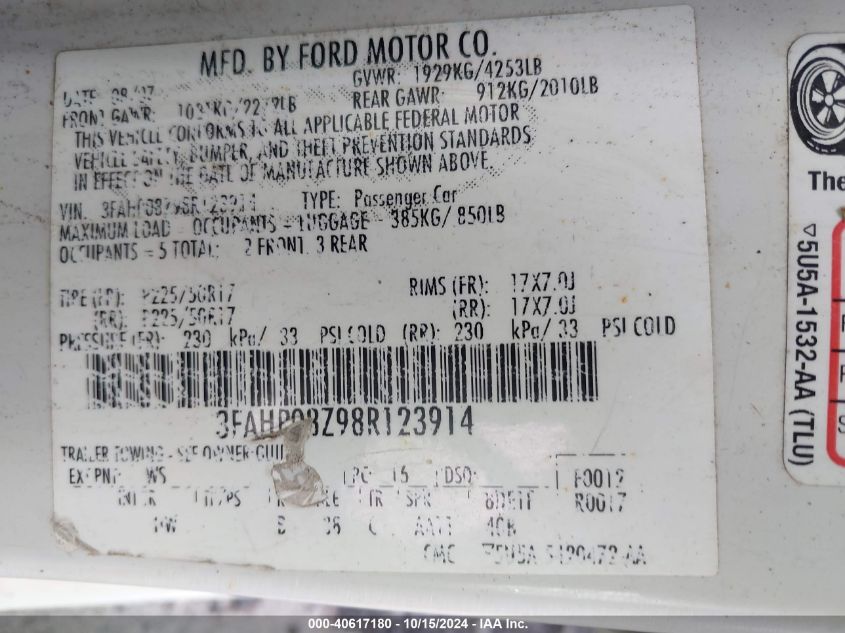 2008 Ford Fusion Sel VIN: 3FAHP08Z98R123914 Lot: 40617180