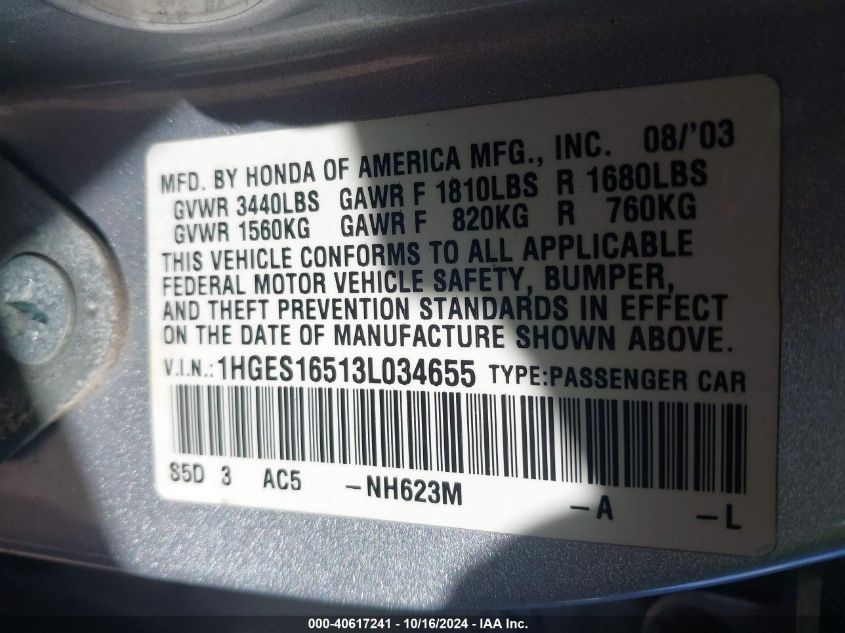 2003 Honda Civic Lx VIN: 1HGES16513L034655 Lot: 40617241