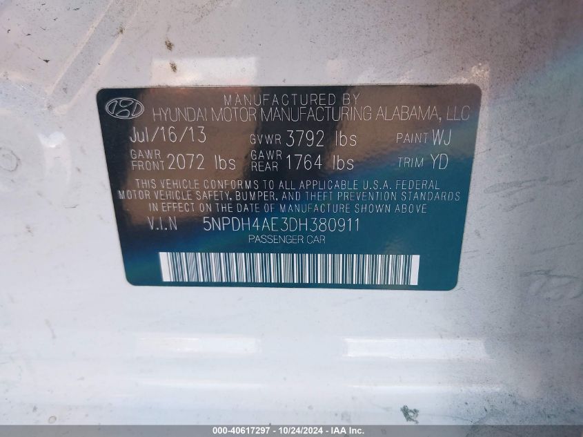 2013 Hyundai Elantra Limited VIN: 5NPDH4AE3DH380911 Lot: 40617297