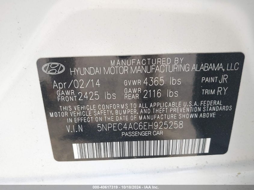 2014 HYUNDAI SONATA SE - 5NPEC4AC6EH925258