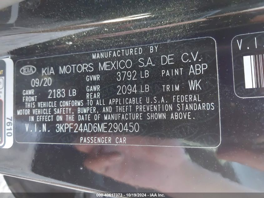 2021 Kia Forte Lxs VIN: 3KPF24AD6ME290450 Lot: 40617373