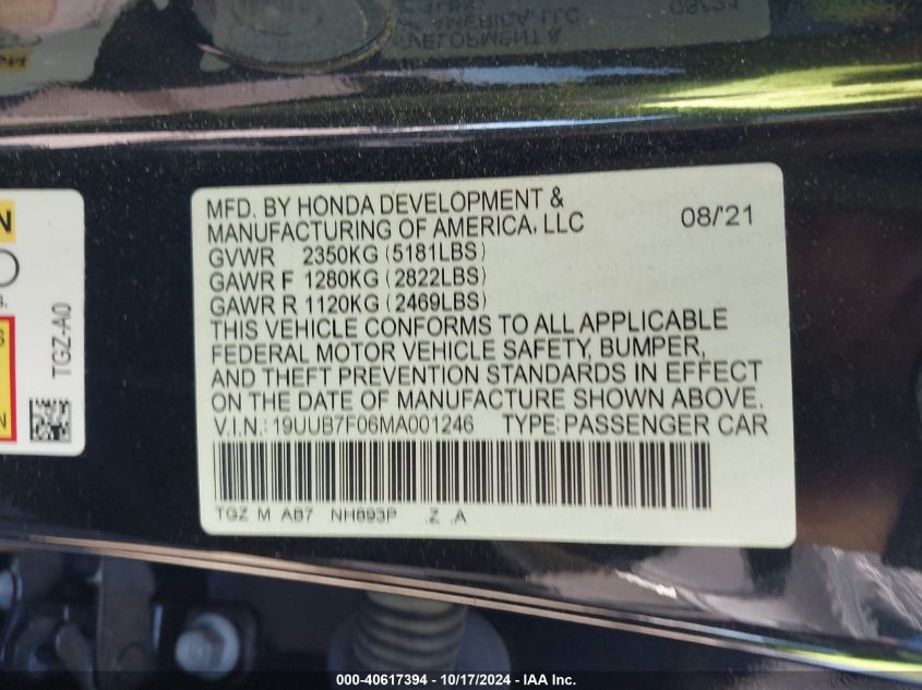 2021 Acura Tlx Type S VIN: 19UUB7F06MA001246 Lot: 40617394