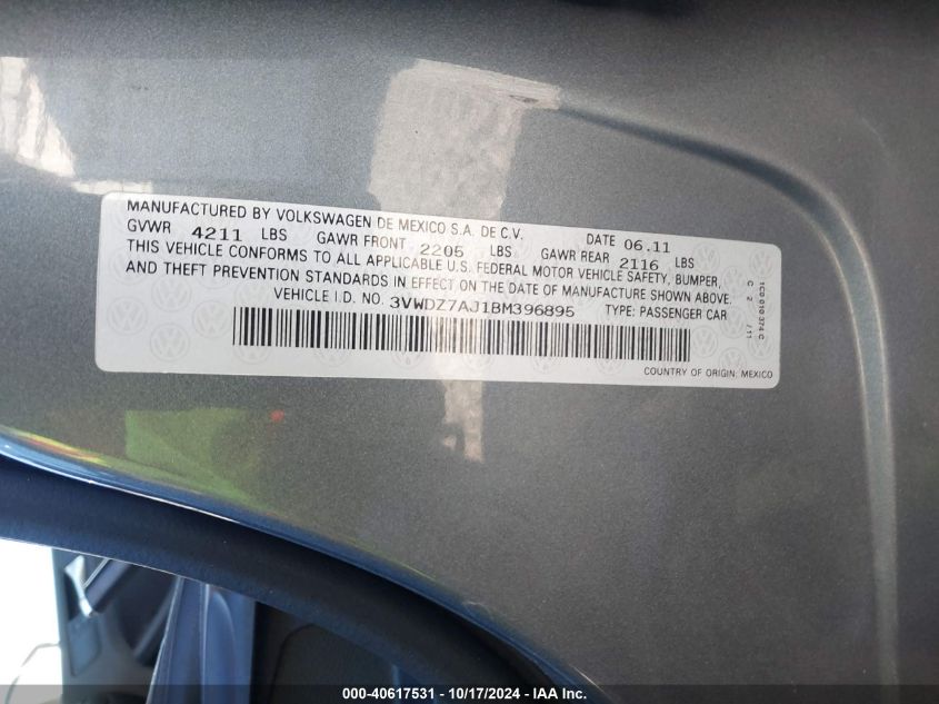 2011 Volkswagen Jetta 2.5L Se VIN: 3VWDZ7AJ1BM396895 Lot: 40617531