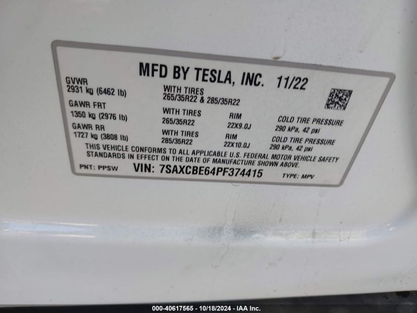 2023 Tesla Model X Plaid Tri Motor All-Wheel Drive VIN: 7SAXCBE64PF374415 Lot: 40617565