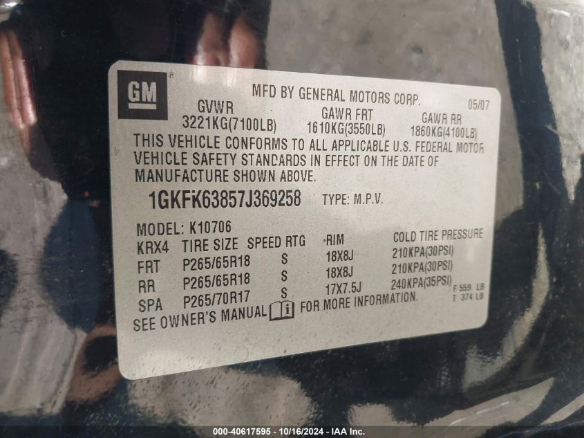 2007 GMC Yukon Denali VIN: 1GKFK63857J369258 Lot: 40617595