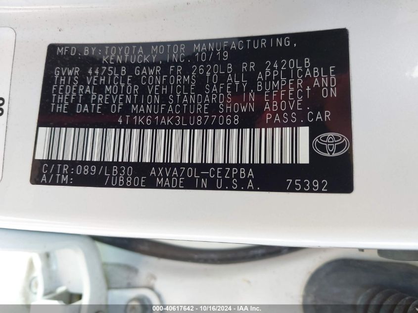 2020 Toyota Camry Xse VIN: 4T1K61AK3LU877068 Lot: 40617642