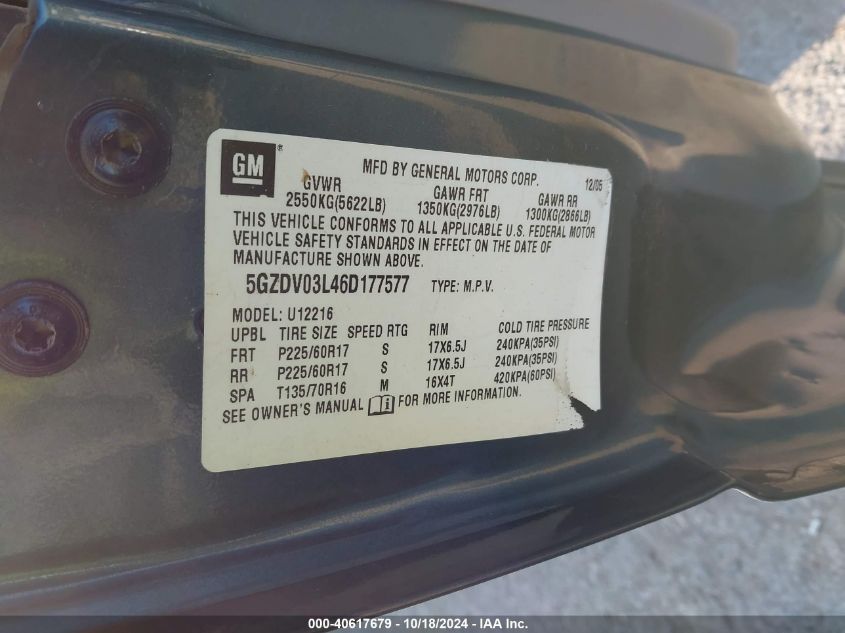 2006 Saturn Relay 2 VIN: 5GZDV03L46D177577 Lot: 40617679