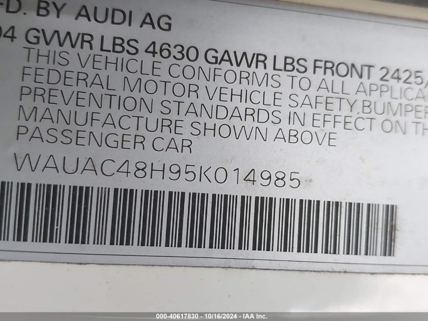 2005 Audi A4 1.8T VIN: WAUAC48H95K014985 Lot: 40617830