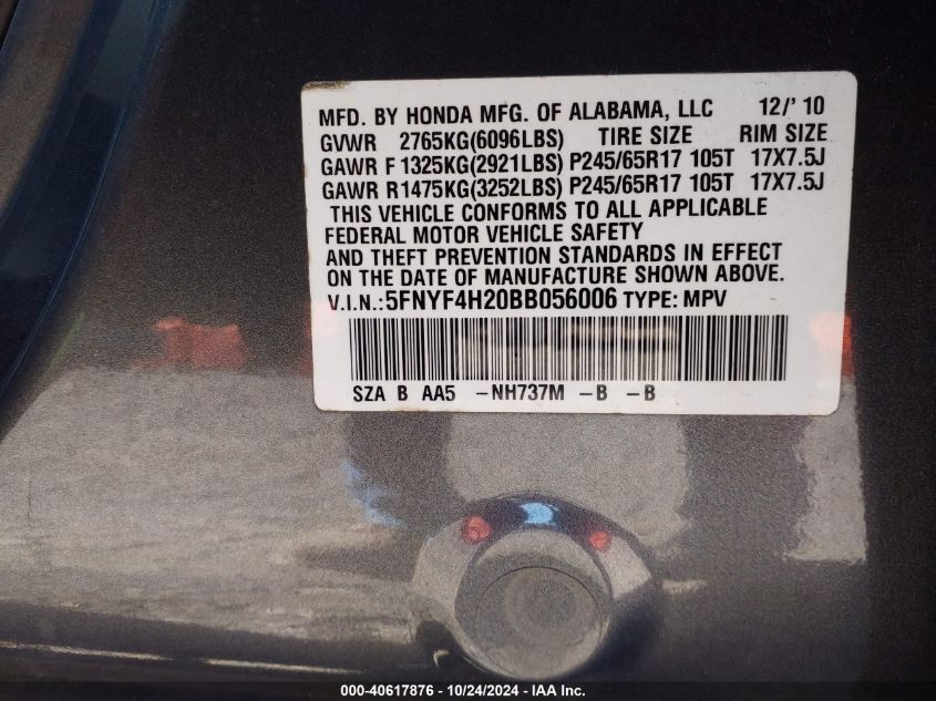 2011 Honda Pilot Lx VIN: 5FNYF4H20BB056006 Lot: 40617876