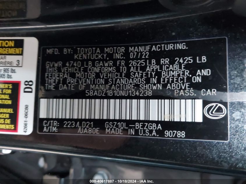 2022 Lexus Es 350 VIN: 58ADZ1B10NU134238 Lot: 40617887