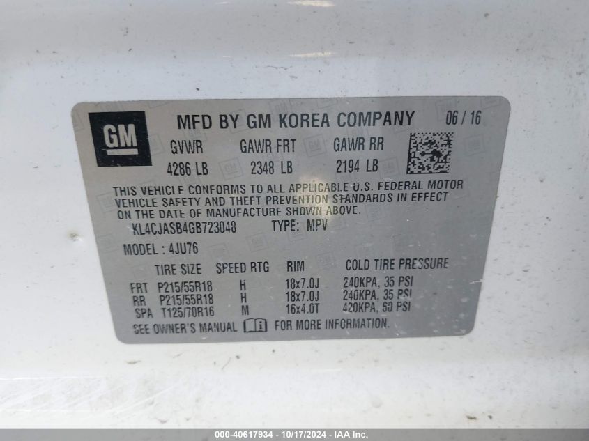 2016 Buick Encore VIN: KL4CJASB4GB723048 Lot: 40617934