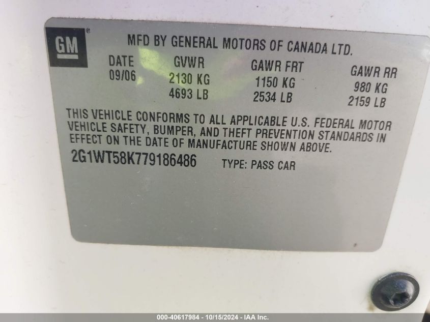 2007 Chevrolet Impala Lt VIN: 2G1WT58K779186486 Lot: 40617984