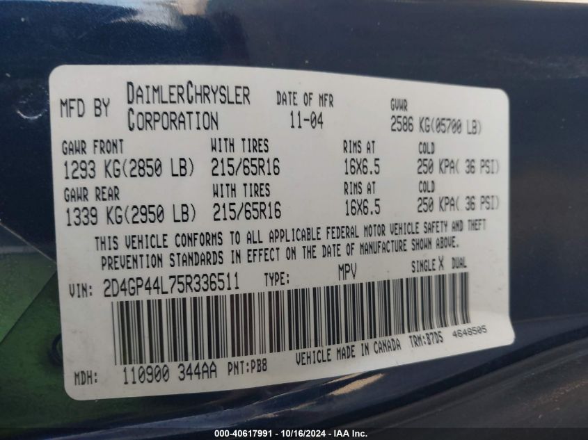 2005 Dodge Grand Caravan Sxt VIN: 2D4GP44L75R336511 Lot: 40617991