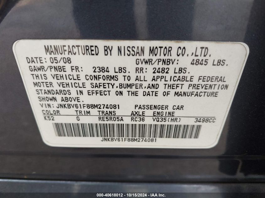 2008 Infiniti G35X VIN: JNKBV61F88M274081 Lot: 40618012