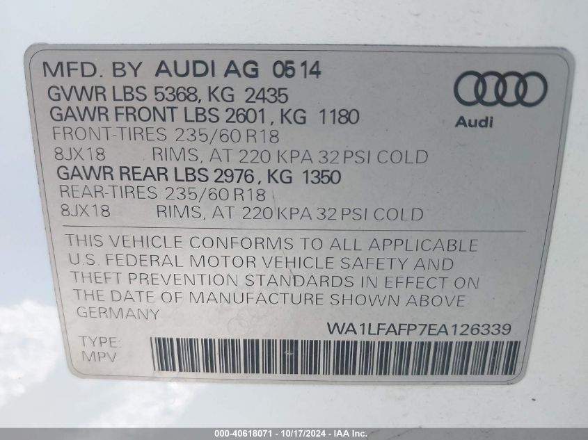 2014 Audi Q5 2.0T Premium VIN: WA1LFAFP7EA126339 Lot: 40618071