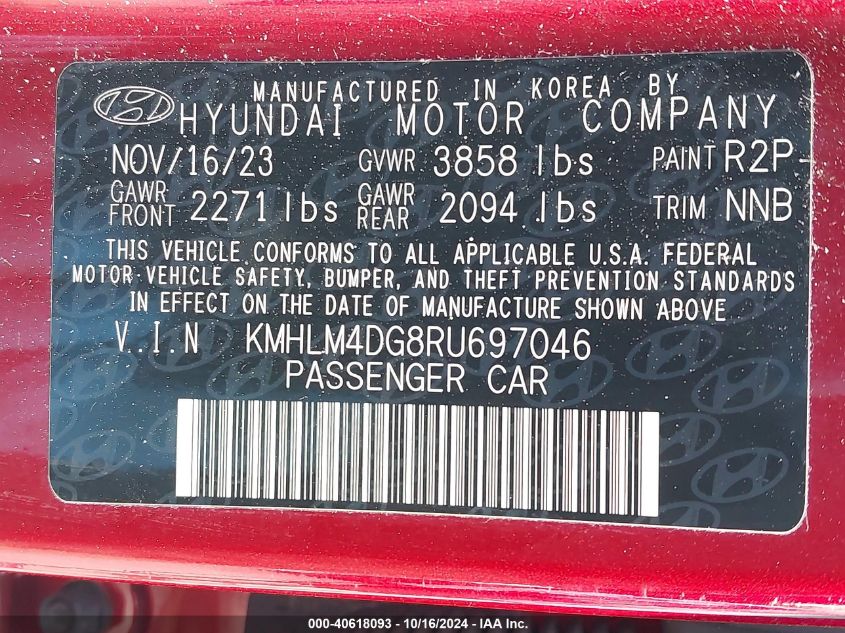 VIN KMHLM4DG8RU697046 2024 Hyundai Elantra, Sel no.9