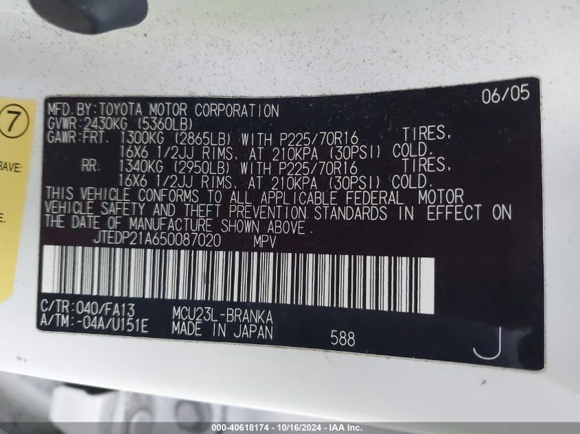 2005 Toyota Highlander V6 VIN: JTEDP21A650087020 Lot: 40618174