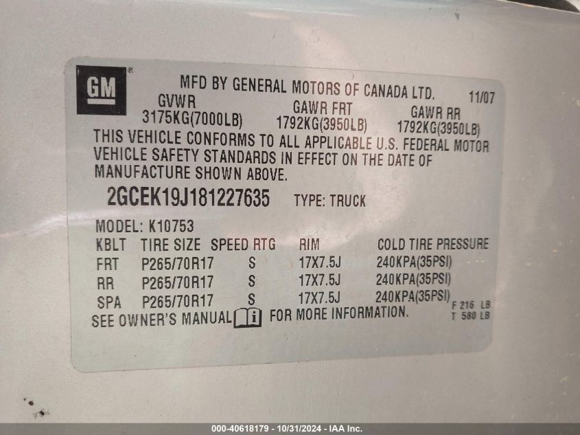 2008 Chevrolet Silverado 1500 Lt1 VIN: 1GCHK23618F167727 Lot: 40618179