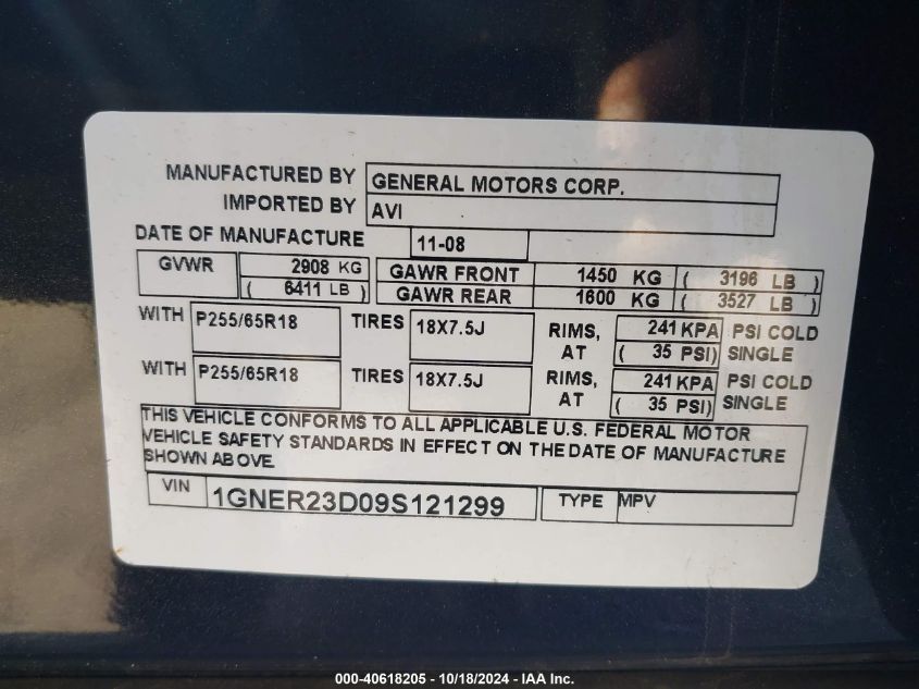 2009 Chevrolet Traverse Lt VIN: 1GNER23D09S121299 Lot: 40618205