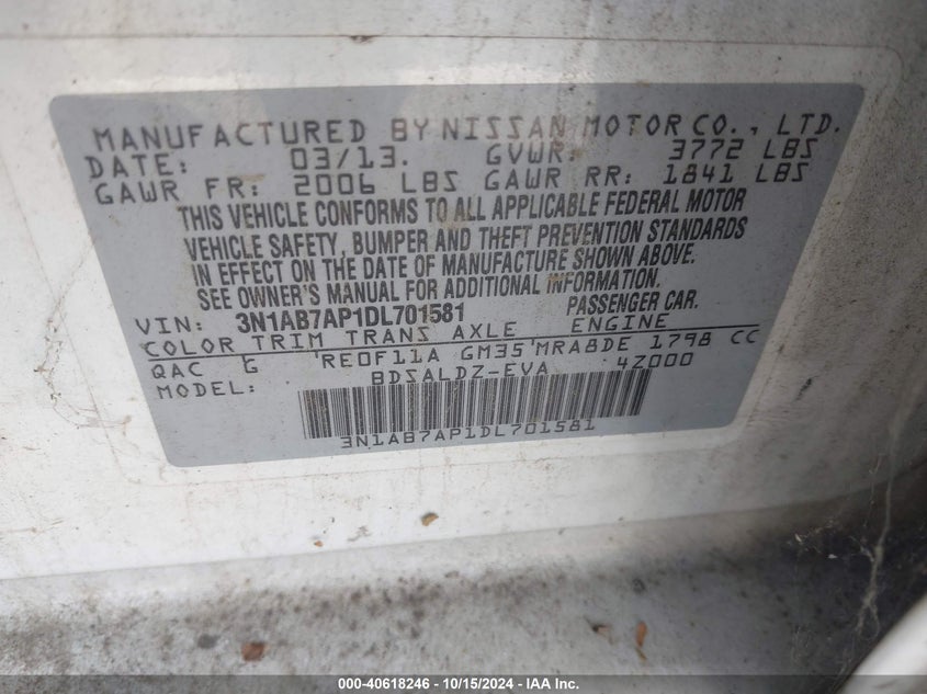 2013 Nissan Sentra Sv VIN: 3N1AB7AP1DL701581 Lot: 40618246