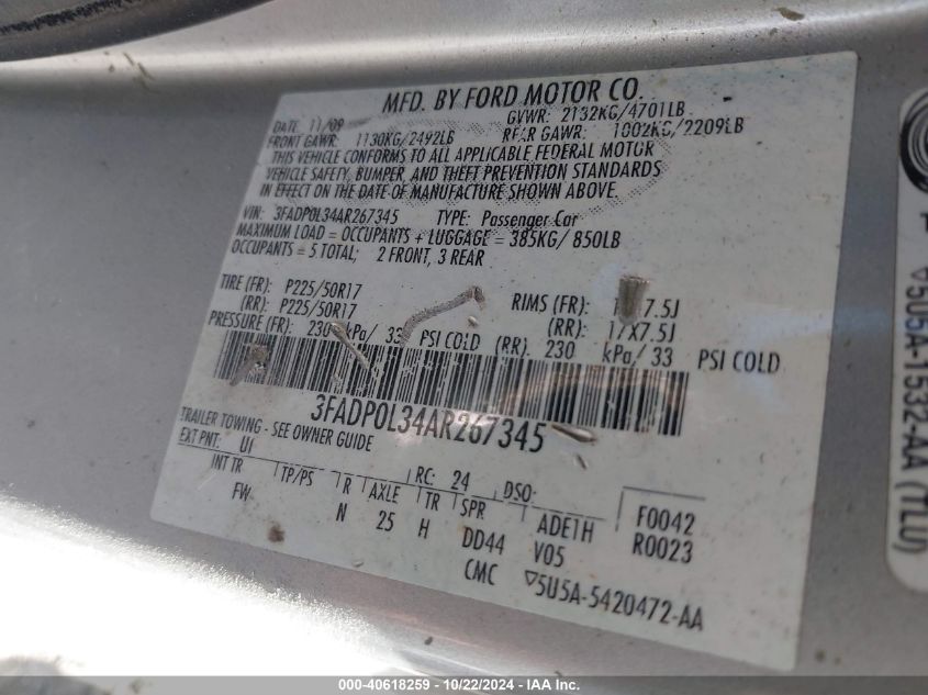 2010 Ford Fusion Hybrid VIN: 3FADP0L34AR267345 Lot: 40618259