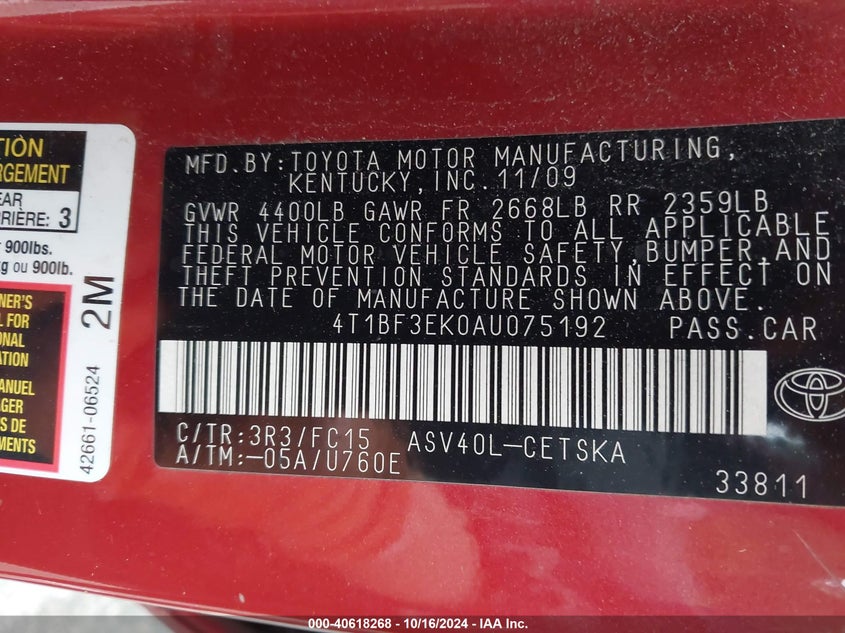 2010 Toyota Camry Se VIN: 4T1BF3EK0AU075192 Lot: 40618268