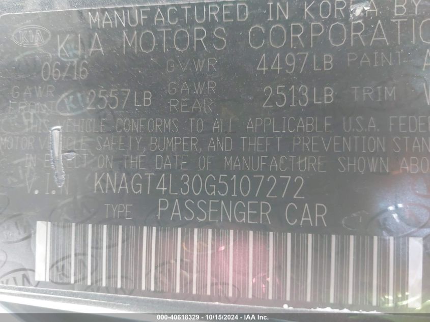 2016 Kia Optima Lx VIN: KNAGT4L30G5107272 Lot: 40618329