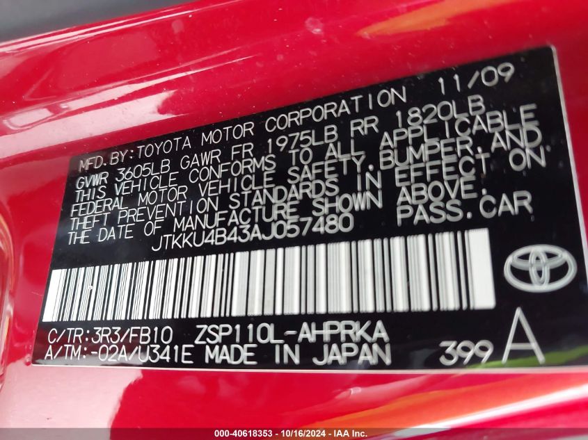 2010 Scion Xd VIN: JTKKU4B43AJ057480 Lot: 40618353