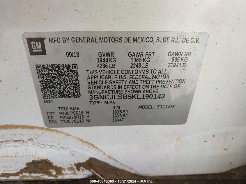 VIN 3GNCJLSB5KL190143 2019 CHEVROLET TRAX LT