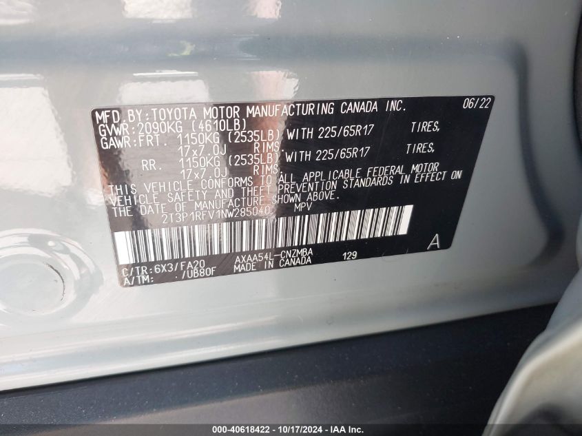 2022 Toyota Rav4 Xle VIN: 2T3P1RFV1NW285040 Lot: 40618422