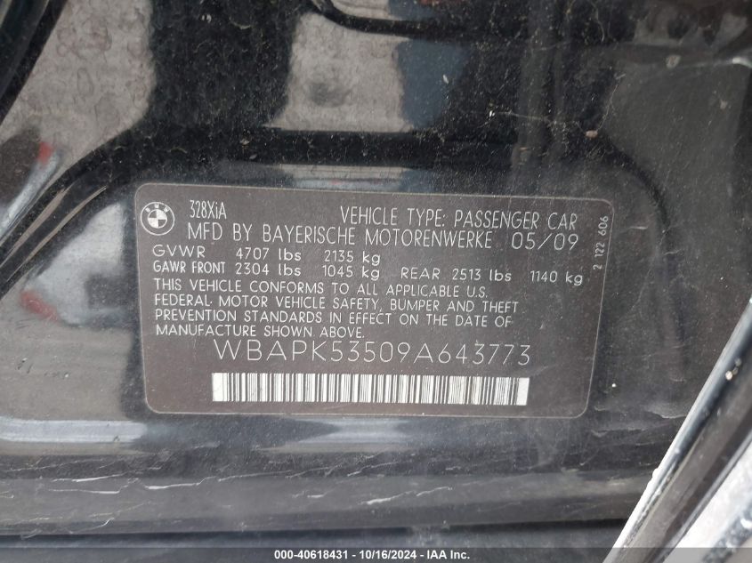 2009 BMW 328I xDrive VIN: WBAPK53509A643773 Lot: 40618431
