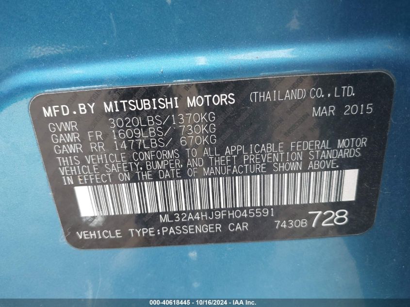 2015 Mitsubishi Mirage Es VIN: ML32A4HJ9FH045591 Lot: 40618445