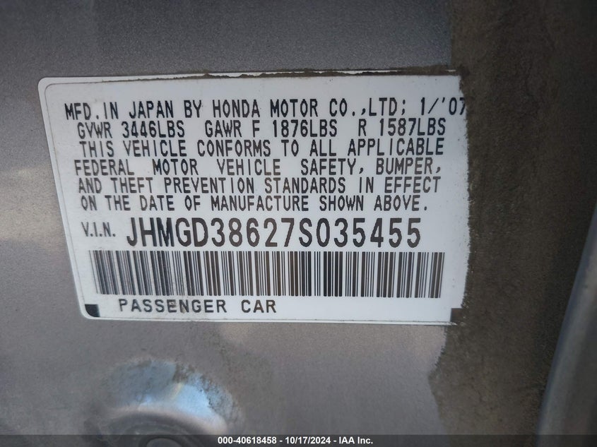 2007 Honda Fit Sport VIN: JHMGD38627S035455 Lot: 40618458