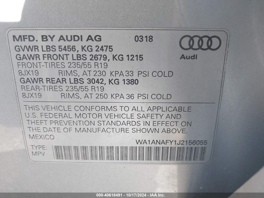 2018 Audi Q5 2.0T Premium/2.0T Tech Premium VIN: WA1ANAFY1J2156055 Lot: 40618491