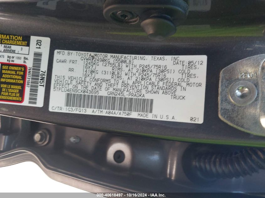 2012 Toyota Tacoma Double Cab VIN: 5TFLU4EN9CX043695 Lot: 40618497