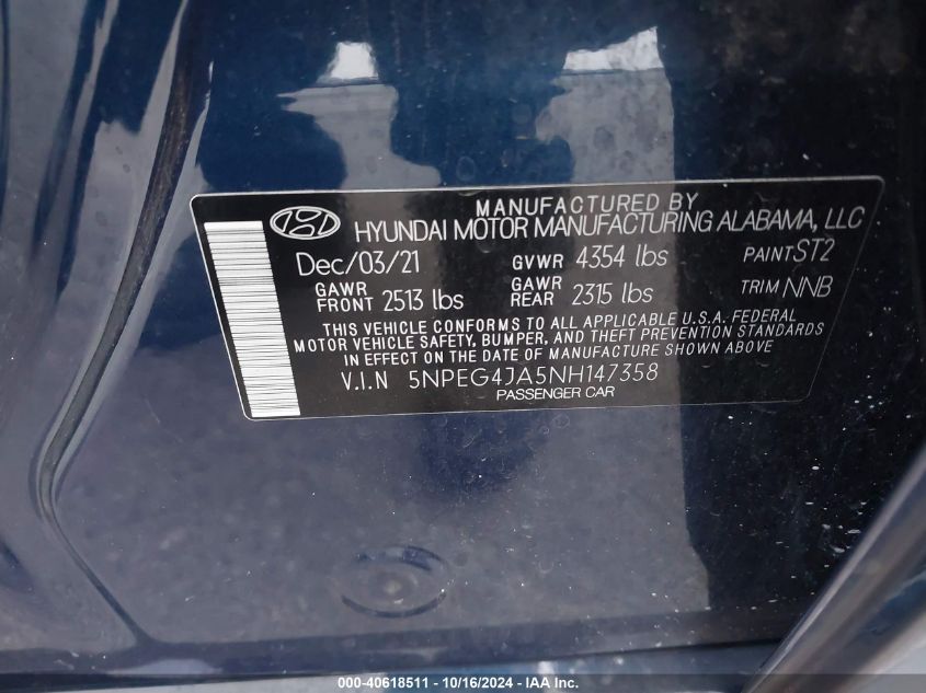 2022 Hyundai Sonata Se VIN: 5NPEG4JA5NH147358 Lot: 40618511