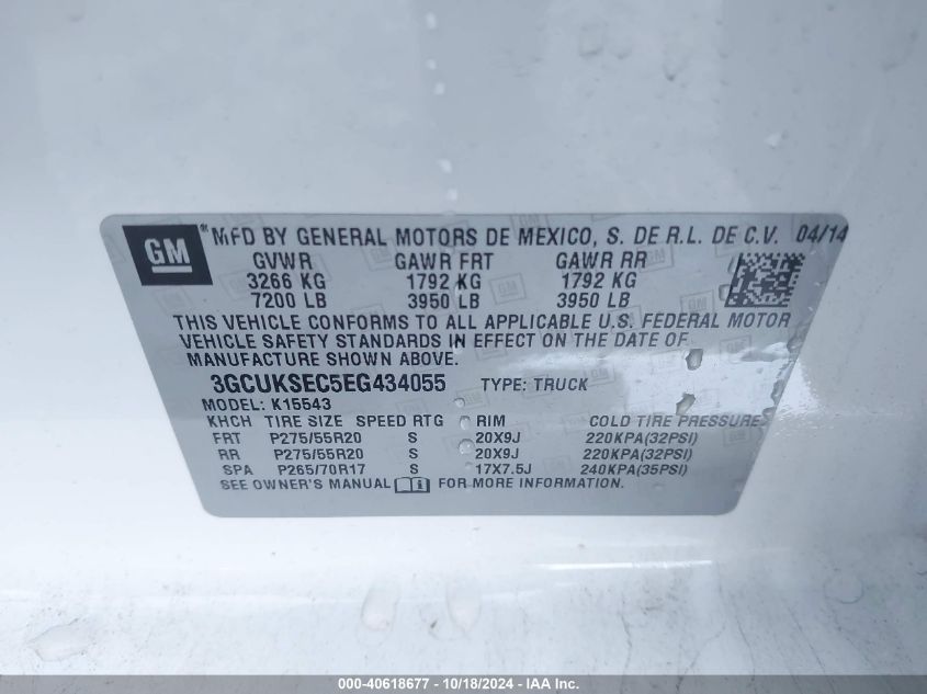 2014 Chevrolet Silverado 1500 1Lz VIN: 3GCUKSEC5EG434055 Lot: 40618677