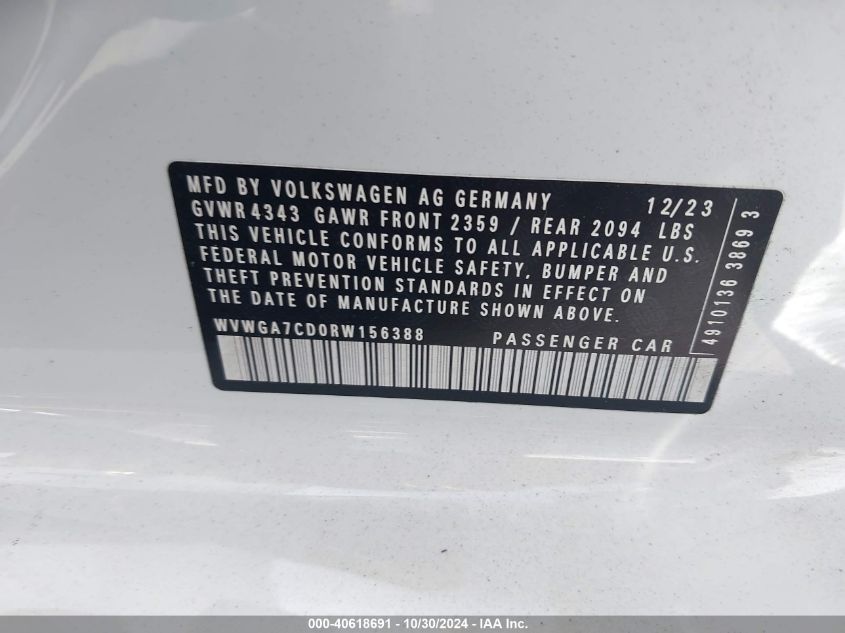 2024 Volkswagen Golf Gti 2.0T S VIN: WVWGA7CD0RW156388 Lot: 40618691