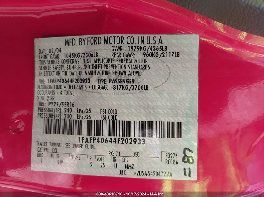 2004 Ford Mustang Standard VIN: 1FAFP40644F202933 Lot: 40618710