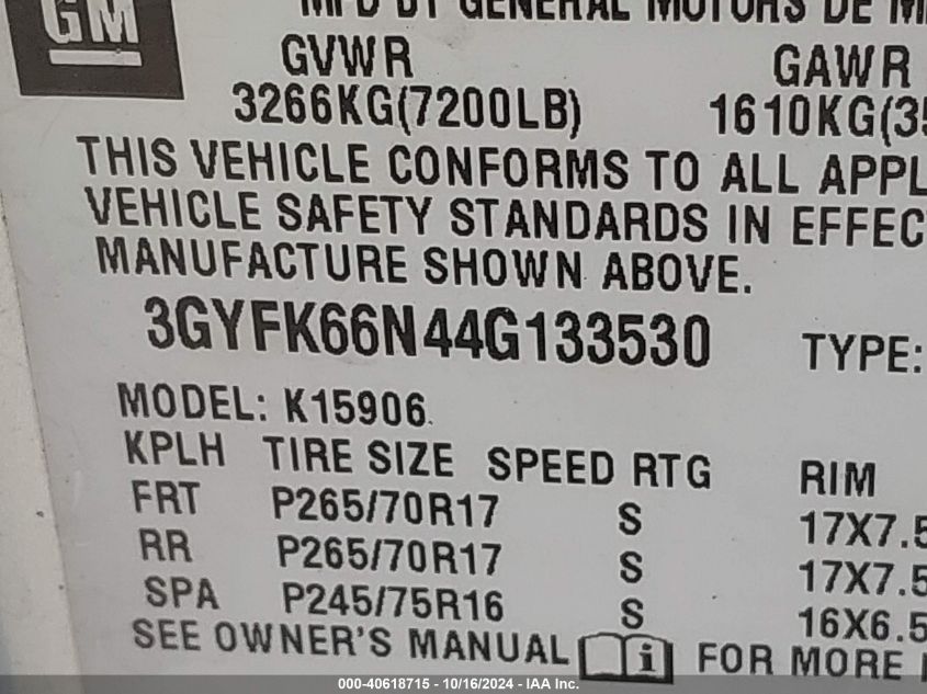 2004 Cadillac Escalade Esv Standard VIN: 3GYFK66N44G133530 Lot: 40618715